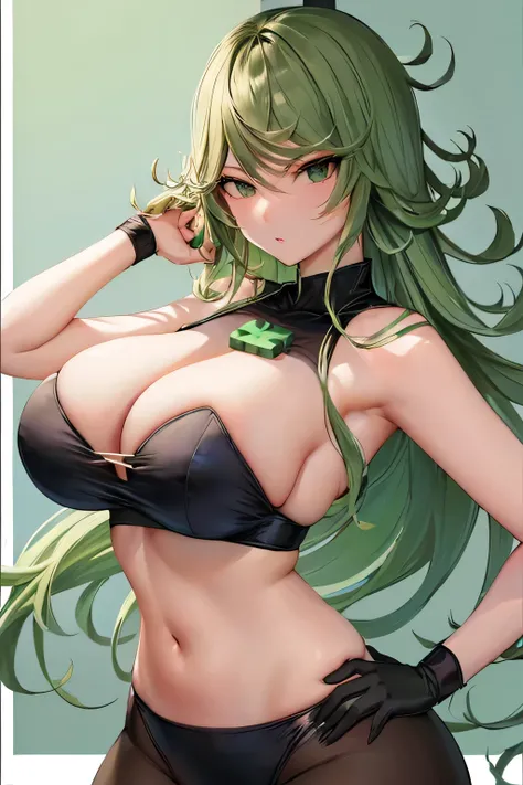 Close-up of a person with very large breasts, logic succulent! green, logic succulent!!, seductive anime girl, logic succulent girl, logic succulent!, logic succulent!!!, Strongest pose, bursting with logics, thick, (anime girl), attractive anime girl, Tat...