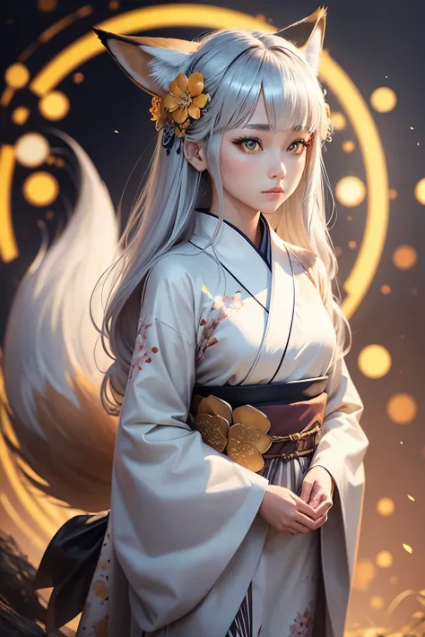 Fox Ears　Fox Tail　Girl　Golden Eyes　Silver Hair　Flower pattern kimono　Ultra-realistic　