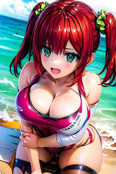 best quality, masterpiece, extremely detailed CG, official art , professional lighting, (sakimiyairuka), (one side up), green scrunchie, hair ornament, red hair, green eyes, perfect face, gleaming skin, groin, (leotard),dynamic pose, beach