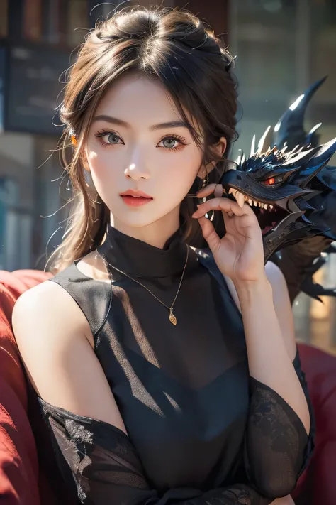 a beautiful woman with red eyes、posing for a graceful photo with a giant black dragon, arpino,gray hair,face to face, ultra-real...