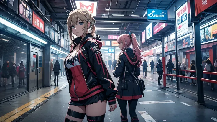 4 Chicas anime posando en una ciudad por la noche., oppai ciberpunk, anime ciberpunk art, anime ciberpunk, arte del anime ciberpunk, digital arte del anime ciberpunk, ciberpunk digital - arte anime, anime ciberpunk moderno, anime ciberpunk digital!!, mejor...