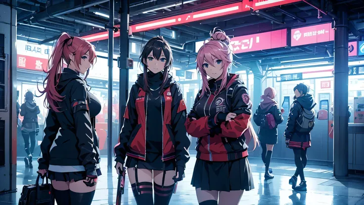 4 chicas anime posando en una ciudad por la noche., oppai ciberpunk, anime ciberpunk art, anime ciberpunk, arte del anime ciberp...