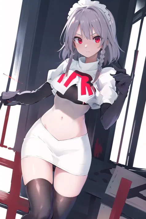 masterpiece, best quality, highres,  1girl, solo, sakuya1, izayoi sakuya, maid headdress, red eyes, grey hair, medium breasts, team rocket,team rocket uniform,white skirt,red letter R,crop top,black thigh-highs,black elbow gloves, holding knife