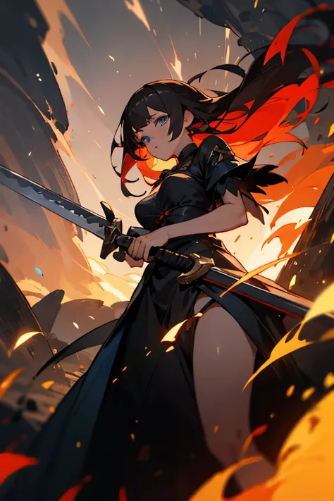 Female, Dark dress, Dark hair, blue eyes, holding greatsword, Fire, embers, charred dress