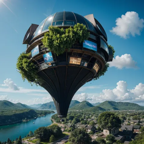 Sinister futuristic floating island suspended in the air, cities, fantasy, (villain hideout), (kawaii), cute, cute, anime style, technological, dark, funny, magical plant growth, extreme details, realistic light, blue sky, epic composition, (complex detail...