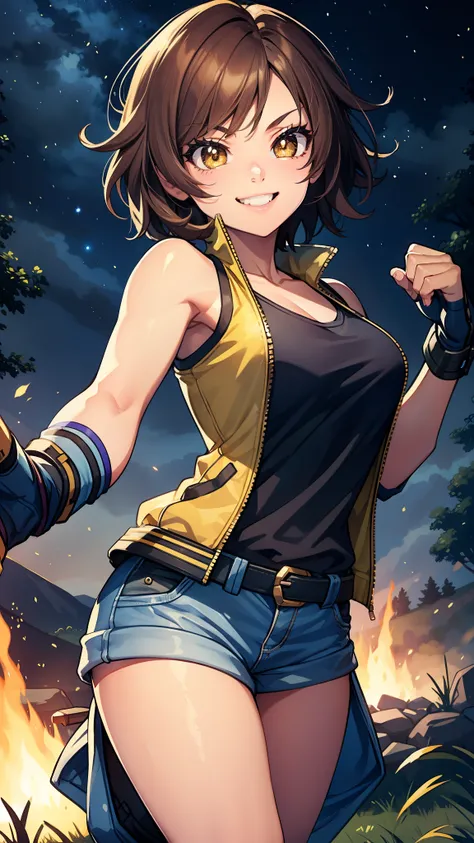 short hair, brown hair, yellow glowing eyes, perfect lips,big smile , confident smile,cute expression, cute face, walking in the campfield, fingerless gloves, gun, tank top, jacket, alert pose, ultra detailed face, long eyelashes, sharp eyes , Fullbody sho...