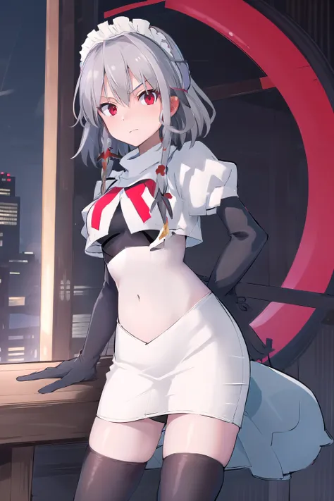 masterpiece, best quality, highres,  1girl, solo, sakuya1, izayoi sakuya, maid headdress, red eyes, grey hair, medium breasts, team rocket,team rocket uniform,white skirt,red letter R,crop top,black thigh-highs,black elbow gloves, holding knife