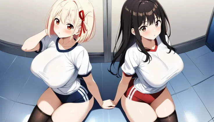 2girls, nishikigi chisato, inoue takina, lycoris recoil, couple, perfect anatomy, symmetry, huge breasts, navyblue buruma, fullback buruma, gym uniform, white t-shirts, thighhighs, looking at viewer, shy, blush, masterpiece, best quality, very aesthetic, a...