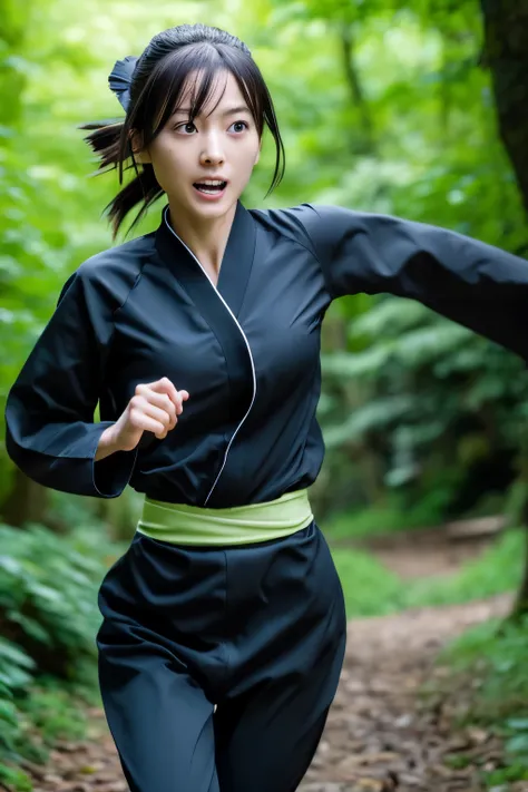 skinny japanese woman in black ninja kimono costume running to escape in the dark forest, beautiful face, ((detailed face, detai...