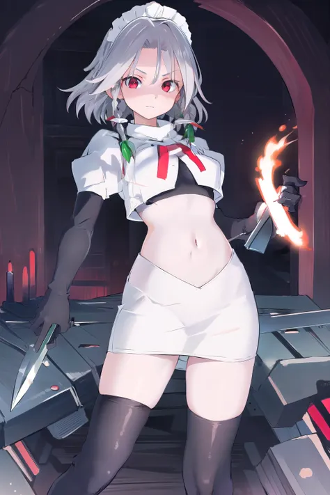 masterpiece, best quality, highres, 1girl, solo, sakuya1, izayoi sakuya, maid headdress, red eyes, grey hair, medium breasts, team rocket,team rocket uniform,white skirt,red letter R,crop top,black thigh-highs,black elbow gloves, holding knife