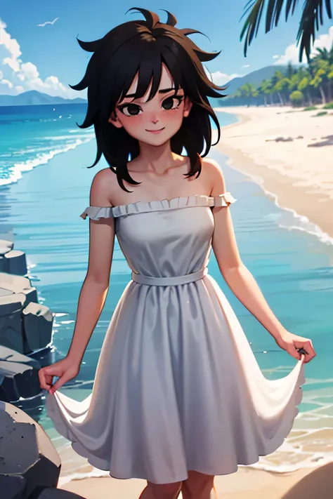 anime screencap, masterpiece, best quality, highres, outdoors, small breasts, gine, spiky black hair, 1 girl, Solo, Black Eyes, Good hands are down, Smile, Blushing, Bare Neck, Bare Arms, Bare Shoulders, White Dress, Strapless White Dress, Lace Off-shoulde...