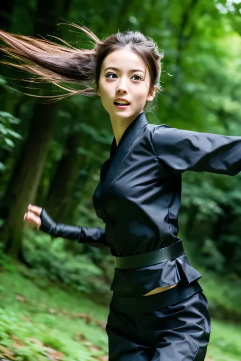 skinny Japanese woman in black Ninja kimono costume running to escape in the dark forest, beautiful face, ((detailed face, detailed eyes)), high quality, high resolution, hyperrealistic photo, a photo capturing a shocking moment, award-winning, masterpiece