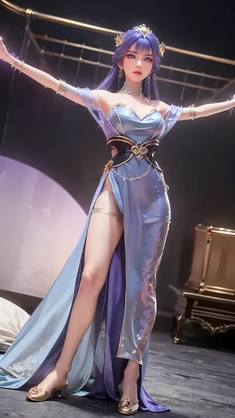 1 beautiful and sexy 20 year old girl, ((wear blue-violet antique nightgown is super invisible and sexy:1.6)), not wearing pants, sexy hanfu style, long light blue hair, jewelry elaborately made from precious stones and beautiful hair, ((wearing a 24k gold...