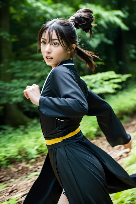 skinny Japanese woman in black Ninja kimono costume running to escape in the dark forest, beautiful face, ((detailed face, detailed eyes)), high quality, high resolution, hyperrealistic photo, a photo capturing a fighting moment, award-winning, masterpiece