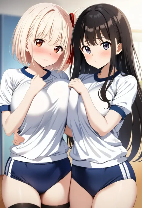 2girls, nishikigi chisato, inoue takina, lycoris recoil, couple, perfect anatomy, symmetry, huge breasts, navyblue buruma, fullback buruma, gym uniform, white t-shirts, thighhighs, looking at viewer, shy, blush, masterpiece, best quality, very aesthetic, a...