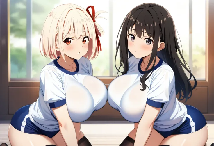 2girls, nishikigi chisato, inoue takina, lycoris recoil, couple, perfect anatomy, symmetry, huge breasts, navyblue buruma, fullback buruma, gym uniform, white t-shirts, thighhighs, looking at viewer, shy, blush, masterpiece, best quality, very aesthetic, a...