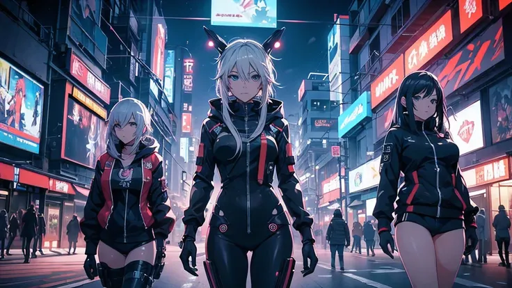 chicas anime en catsuits posando en una ciudad por la noche., oppai ciberpunk, anime ciberpunk art, anime ciberpunk, arte del an...