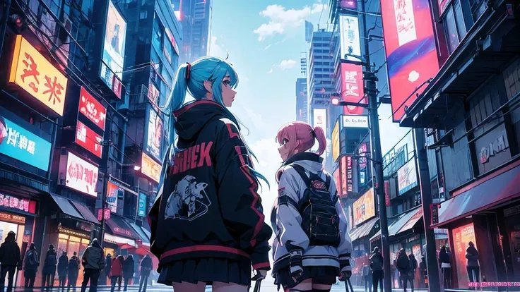 chicas anime posando en una ciudad por la noche., oppai ciberpunk, anime ciberpunk art, anime ciberpunk, arte del anime ciberpun...