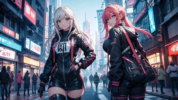 Chicas anime posando en una ciudad por la noche., oppai ciberpunk, anime ciberpunk art, anime ciberpunk, arte del anime ciberpunk, digital arte del anime ciberpunk, ciberpunk digital - arte anime, anime ciberpunk moderno, anime ciberpunk digital!!, mejor f...