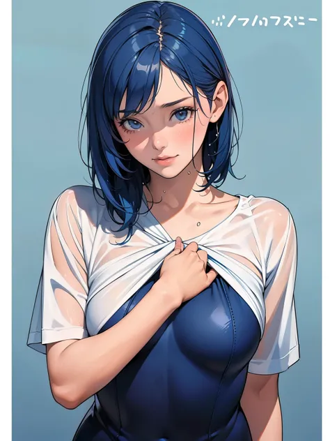 (Be clear about the content) [(masterpiece: 1.1, best quality: 1.1), Shy schoolgirl in swimsuit, emphasize, , purely, Slightly 0.8.Blue Hair, wet,