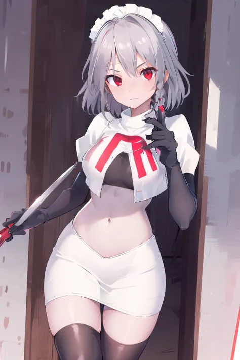 masterpiece, best quality, highres, 1girl, solo, sakuya1, izayoi sakuya, maid headdress, red eyes, grey hair, medium breasts, team rocket,team rocket uniform,white skirt,red letter R,crop top,black thigh-highs,black elbow gloves, holding knife