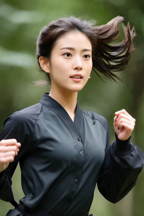 skinny Japanese woman in black Ninja kimono costume running to escape in the dark forest, beautiful face, ((detailed face, detailed eyes)), high quality, high resolution, hyperrealistic photo, a photo capturing a fighting moment, award-winning, masterpiece