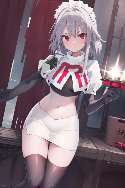 masterpiece, best quality, highres,  1girl, solo, sakuya1, izayoi sakuya, maid headdress, red eyes, grey hair, medium breasts, team rocket,team rocket uniform,white skirt,red letter R,crop top,black thigh-highs,black elbow gloves, holding knife