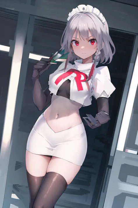 masterpiece, best quality, highres, 1girl, solo, sakuya1, izayoi sakuya, maid headdress, red eyes, grey hair, medium breasts, team rocket,team rocket uniform,white skirt,red letter R,crop top,black thigh-highs,black elbow gloves, holding knife