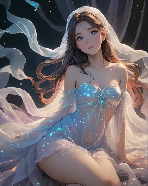 disney style girl, laying among veils, glowing veiled dress, slim, athletic, , perfect soft wavy hair, fluffy long hair, tender,...