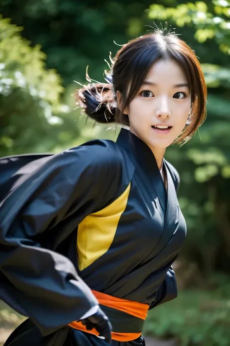 skinny Japanese woman in black Ninja kimono costume running to escape in the dark forest, beautiful face, ((detailed face, detailed eyes)), high quality, high resolution, hyperrealistic photo, a photo capturing a fighting moment, award-winning, masterpiece