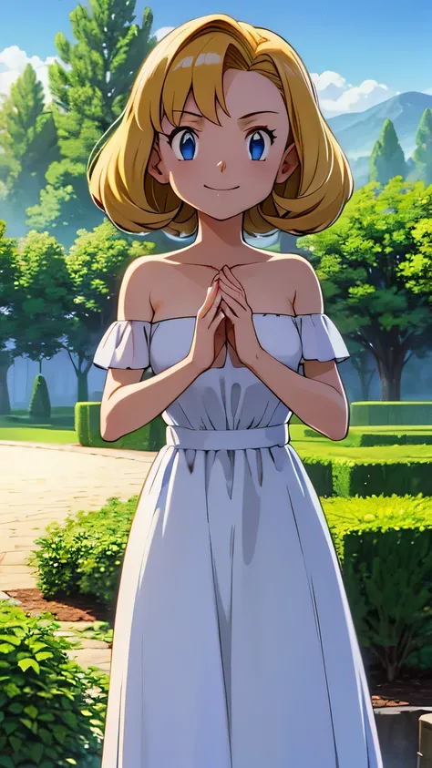 pokemovies, sugimori ken, ken sugimori ken (style), anime screencap, masterpiece, best quality, highres, outdoors, small breasts, 1 girl, Solo, Blue Eyes, Beautiful Detail Eyes, Blonde Medium Hair, Short Hair, Bangs, Good hands are down, Smile, Blushing, B...