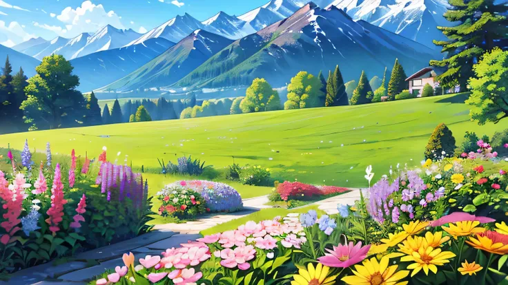 view from lying on the ground，garden，with small flowers as the foreground，there are mountains