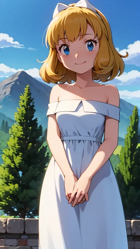 pokemovies, sugimori ken, ken sugimori ken (style), anime screencap, masterpiece, best quality, highres, outdoors, small breasts, 1 girl, Solo, Blue Eyes, Beautiful Detail Eyes, Blonde Medium Hair, Short Hair, Bangs, Good hands are down, Smile, Blushing, B...