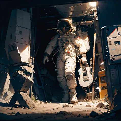 Lunar Surface　Electric guitar buried in the ground　Spacesuit