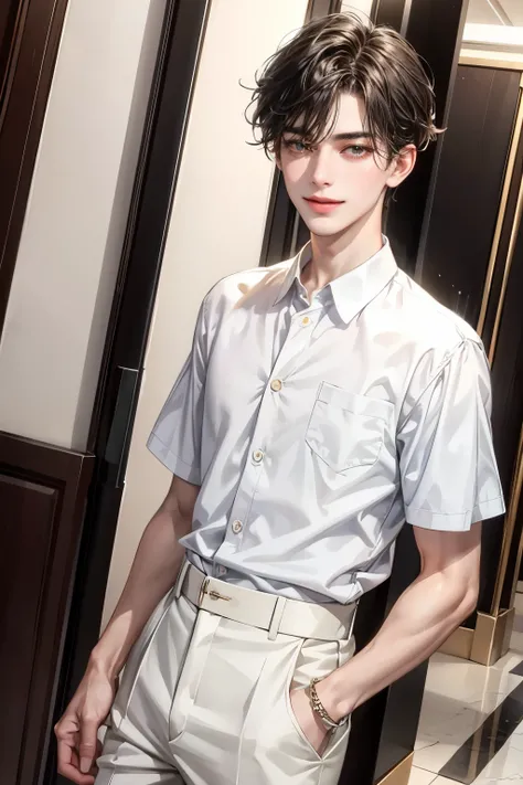 (masterpiece, top quality, best quality, official art, enchanting and aesthetic:1.2), (1 boy), smile face, male, guy, face focus, anime, teen guy, young man , best fashion outfit on boy in shopping mall, formal fashion vibes, extremely detailed accessory, ...