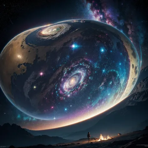 obra de arte, surrealism, muy detallado, Detalles intrincados, Oil painting, Mejor calidad, cosmic, estrellado, una mujer sosteniendo una balanza de dos platos, concepto de signo de libra, golden ratio, Hermoso, cosmic concept, 8K, cinematic light, estrell...