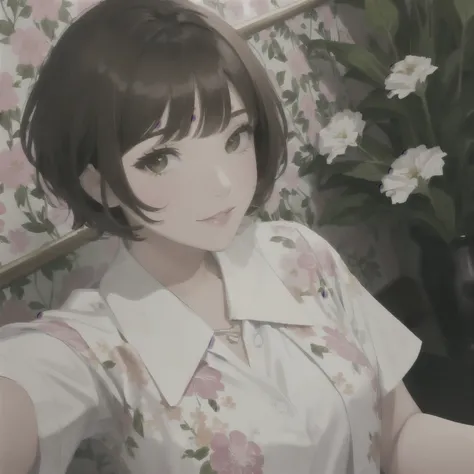 Selfie，Floral Background，Brown short hair