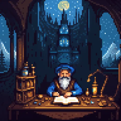In the pixel art scene, we see a classic wizard sitting at his desk inside his towering wizards tower. The wizard is depicted with a long, flowing beard and a pointy hat adorned with stars and moons. His robes are deep blue, with intricate patterns woven i...