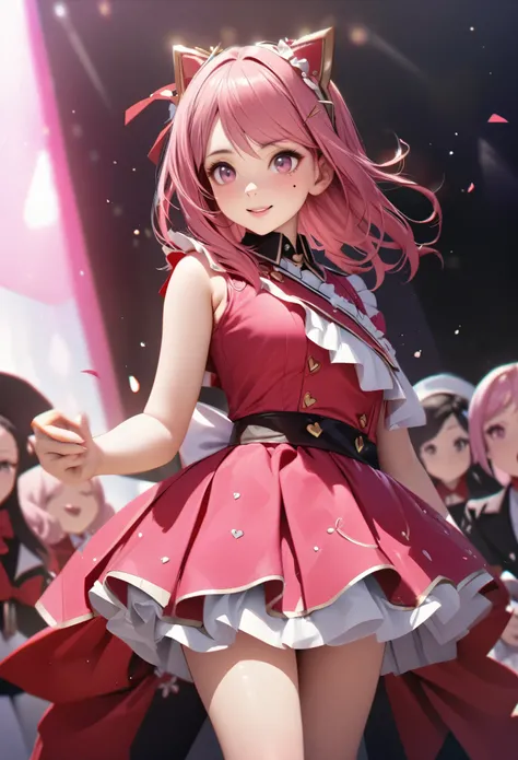 One Girl、Looking at the audience、
Beautiful Pink Eyes、long pink  hair、,Mole under the eye、Plump and glossy lips、Heart-shaped choca、Idol、she is name Riko,smile、ー、。.。.。.。.。.。.。.。.。.。.。.。.。.。.。.。.。.。.3D、Realistic、
idol costume、short skirt,Drape clothes、gem、Th...