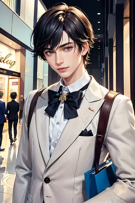 (masterpiece, top quality, best quality, official art, enchanting and aesthetic:1.2), (1 boy), smile face, male, guy, face focus, anime, teen guy, young man , best fashion outfit on boy in shopping mall, formal fashion vibes, extremely detailed accessory, ...