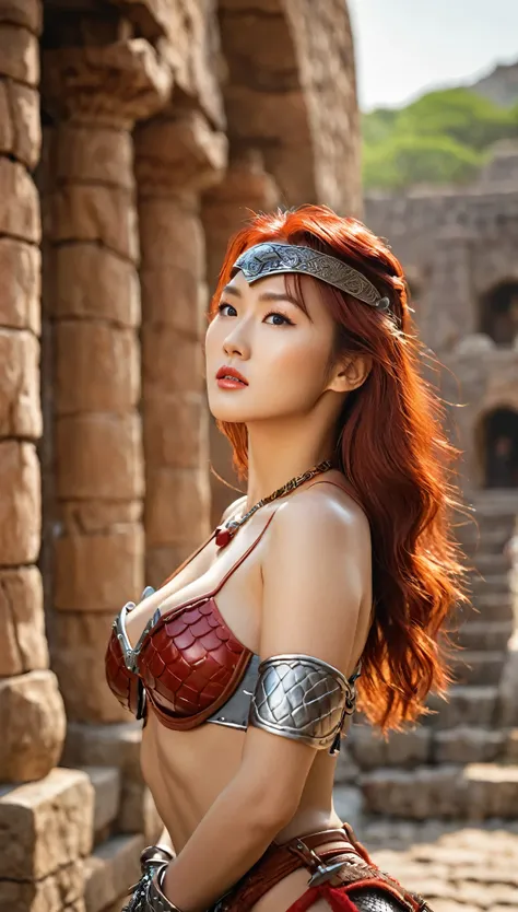 close-up of beautiful korean female, 34 inch breasts size, wearing as Red Sonja from Conan the babarian, at the ancient city, bokeh background, UHD 