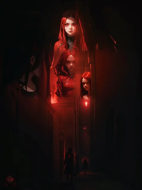 The Red Queen is a computer system that was created by evilness, there was some good in the program,appearence a 13 years old teenage girl.There was a  standing in a dark school hallway，Horror face looking the camera, red lights，atmospheric red lighting, r...