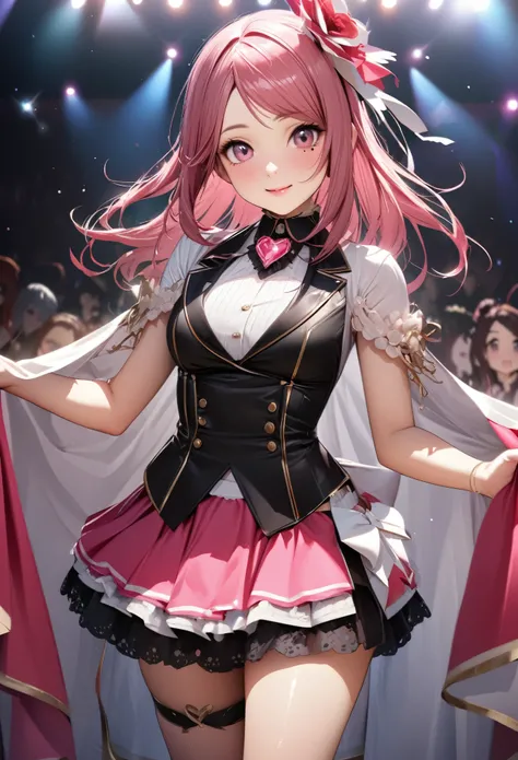 One Girl、Looking at the audience、
Beautiful Pink Eyes、long pink  hair、,Mole under the eye、Plump and glossy lips、Heart-shaped choca、Idol、she is name Riko,smile、ー、。.。.。.。.。.。.。.。.。.。.。.。.。.。.。.。.。.。.3D、Realistic、
idol costume、short skirt,Drape clothes、gem、Th...