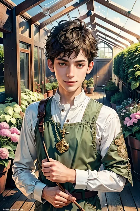 (masterpiece, top quality, best quality, official art, enchanting and aesthetic:1.2), (1 boy), smile face, male, guy, face focus, anime, teen guy, young man , best fashion outfit on boy in gardening outfit, plants vibes, extremely detailed accessory, pale ...