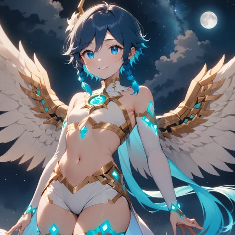 anime,two braids,flat chest,1boy,venti_/(archon/)_/(genshin_impact/),narrow_waist,ethereal,iridescence,big fluffy feathered wings,blue light particles,male_focus,intricate,white crop top,white short shorts,white dress train starry blue underneath,glowing t...