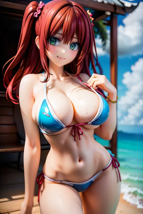 best quality, masterpiece, extremely detailed CG, official art , professional lighting, sakimiyairuka, (one side up), green scrunchie, hair ornament, red hair, green eyes, perfect face, gleaming skin, wet, groin, bikini, beach