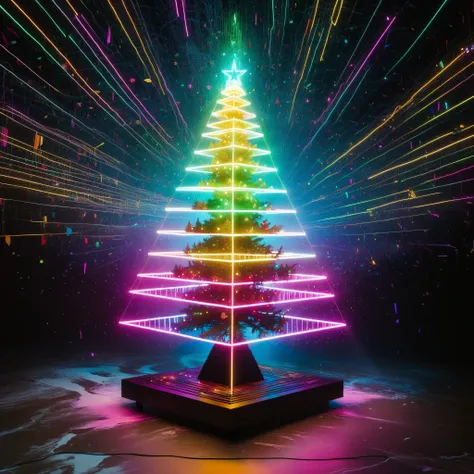 In a vast, Pollock-style splatter-painted landscape, a towering, neon-lit Christmas tree is surrounded by AI-controlled, robotic dreidels that spin and dance to the beat of a dynamic, generative jazz composition.