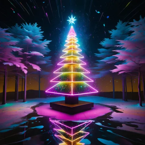 In a vast, Pollock-style splatter-painted landscape, a towering, neon-lit Christmas tree is surrounded by AI-controlled, robotic dreidels that spin and dance to the beat of a dynamic, generative jazz composition.