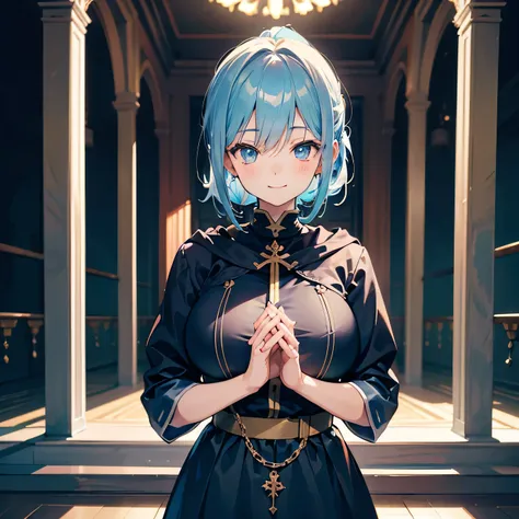 Anime Moe Art Style,highest quality,High resolution,Anatomically correct,One Girl,Mid-teens,A girl with light blue hair in a ponytail,Super detailed,Sister,Monastic uniform,No hood,Big Breasts,smile,love,praying,Hands clasped together,Eyes drawn in detail,...