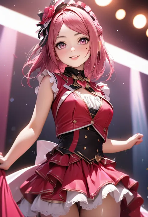 One Girl、Looking at the audience、
Beautiful Pink Eyes、long pink  hair、,Mole under the eye、Plump and glossy lips、Heart-shaped choca、Idol、she is name Riko,smile、ー、。.。.。.。.。.。.。.。.。.。.。.。.。.。.。.。.。.。.3D、Realistic、
idol costume、short skirt,Drape clothes、gem、Th...